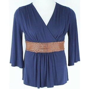 Soft Surroundings Navy Cognac Belted Bell Sleeve Top Sz S